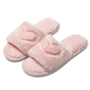 Women's Heart Embroidered Fuzzy Flat Slipper, Soft Plush Lining Bedroom Slippers, Wide Band Cute Warm Slippers for Fall Winter Khaki Footwear for Women Gift, Trending Shoes Outdoor fur slides