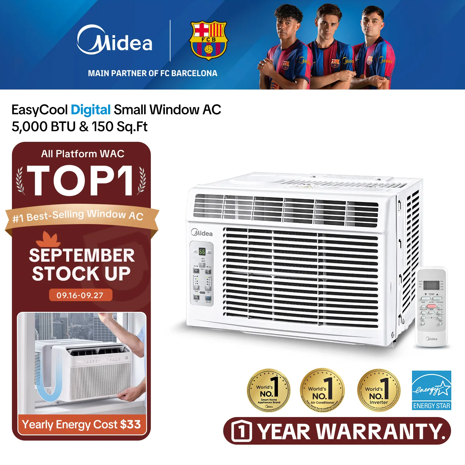Midea 5,000 BTU Digital Window Air Conditioner, Cools up to 150 Sq. Ft. AC with Easy-to-Use Reusable Filter, Remote, Perfect AC for Bedroom, Living Room, Home Office, Electronic Control