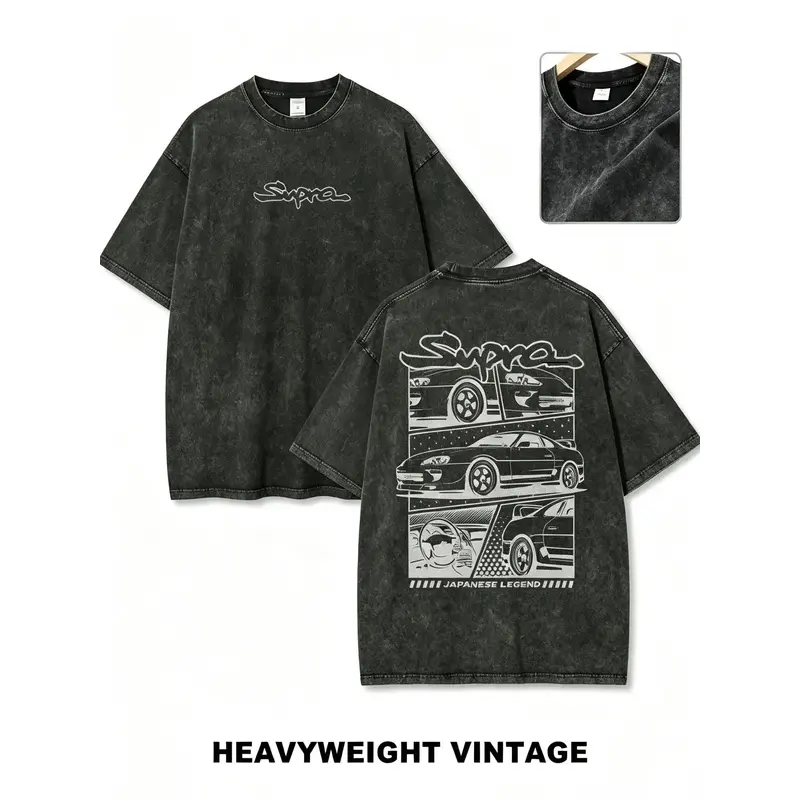 Toyota Supra Shirt Heavyweight Vintage Washed Racing Car Graphic Tee, Japanese Streetwear Retro Y2K Oversized T Shirt, Old School JDM Car Print Short Sleeve Shirt, Faded Casual Street Style Top