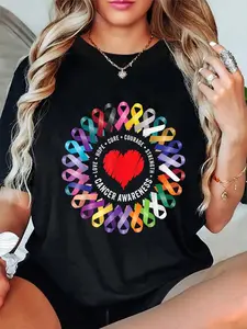 Unisex 100% Cotton Printed Craft Short Sleeve Tee, Soft Breathable Relaxed Fit Crew Neck Top, Cancer Awareness Multi Color Ribbon Heart Love Hope Graphic Daily Support Wear, Universal Summer Outfits, Charity Awareness Leisure Shirt, SummerVibes