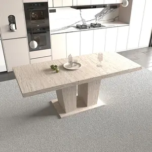 Rectangular extendable dining table with a thick tabletop suitable for 6-10 people. It has a solid and durable wooden appearance and is decorated with travertine texture. It comes in sizes of 160-200 cm and is simple and elegant.