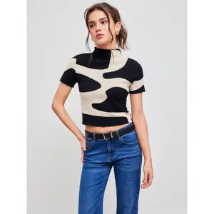 Cider [size 2-26] Knit High Neck Zebra Stripe Short Sleeve Top