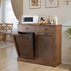 Double Tilt Out Trash Can Cabinet for 13 * 2 Gallon Garbage Can, Hidden Recycle Garbage Bin Enclosure, Dual Dog Proof Recycling Cabinet for Living Room, Bedroom, Bathroom, Laundry Room (Brown)