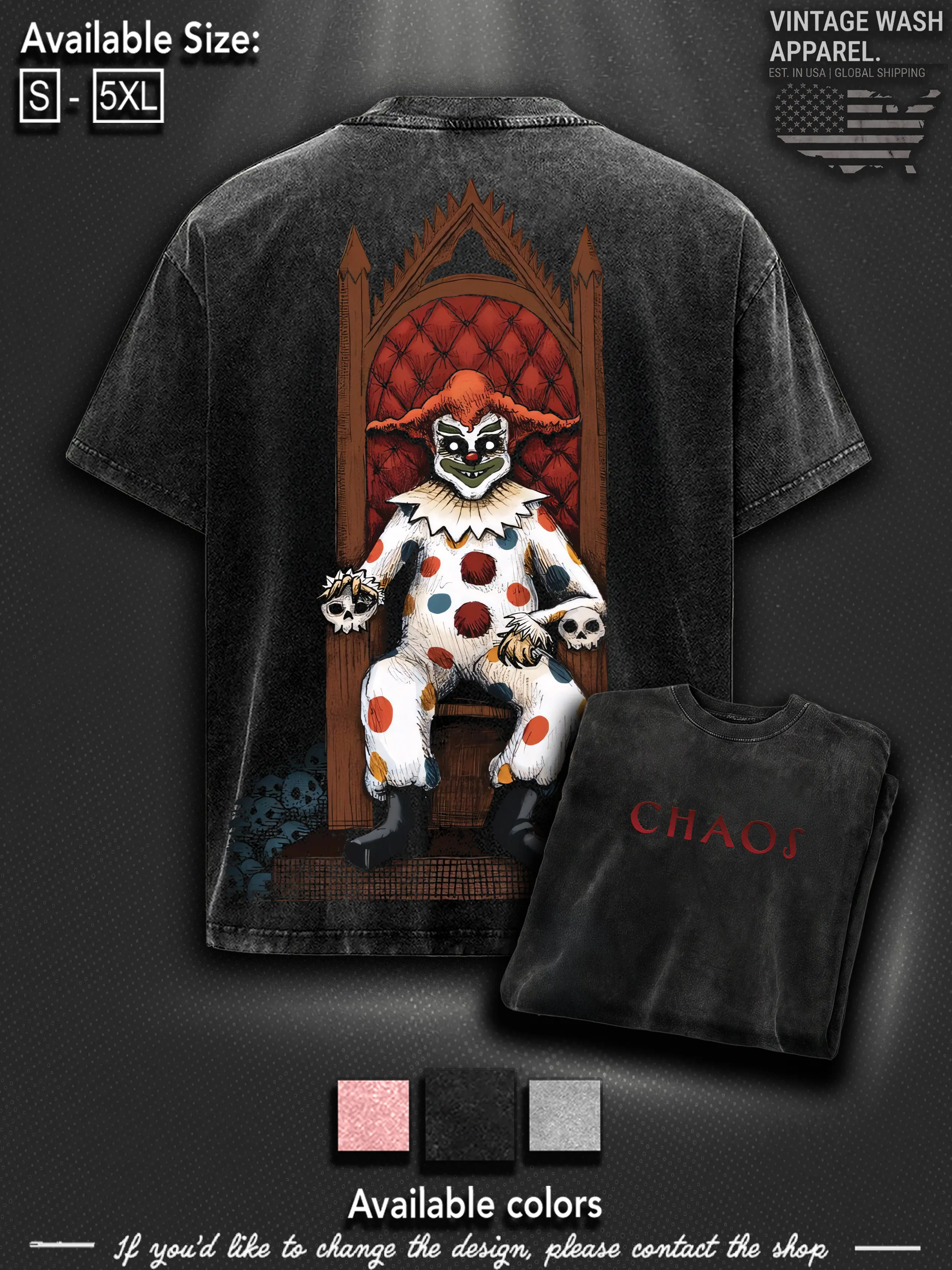 Halloween Horror Night 35 Jack the Clown ChaoS Cotton Menswear Washed Top | Smooth Streetwear Prints for Man, Halloween Style Crewneck Horror Shirt