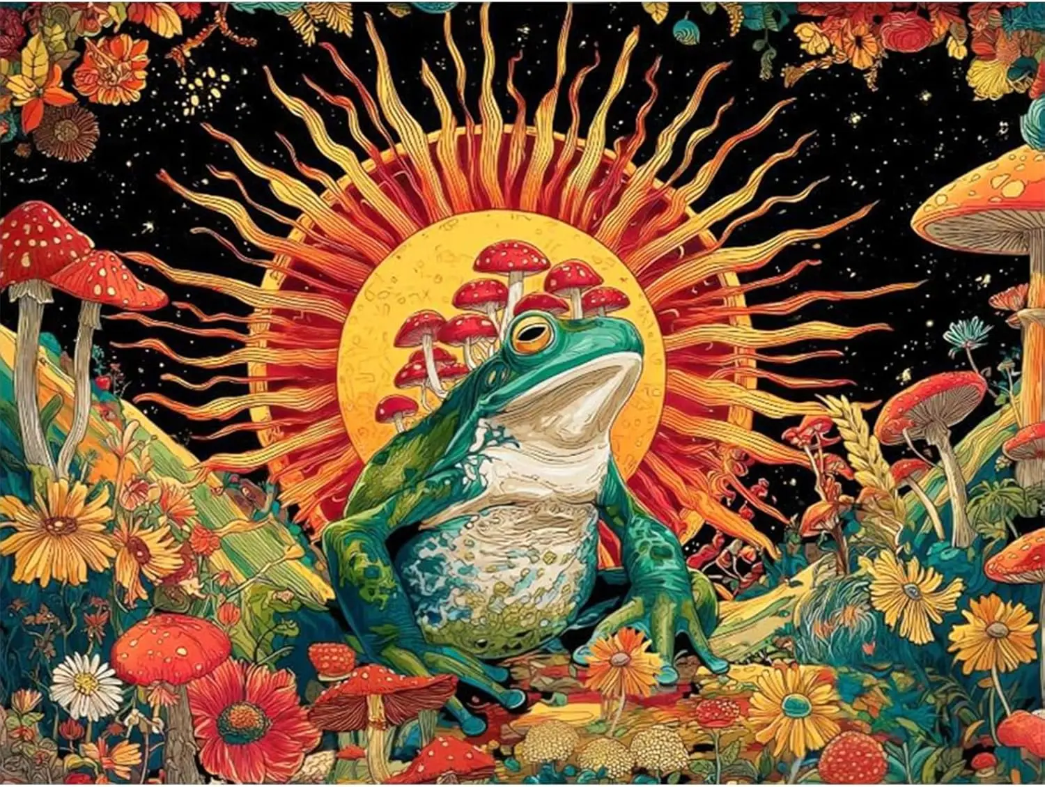 5D DIY Diamond Painting Kit, Whimsical Boho Frog Mushroom Sun & Wild Floral Art, Retro Fantasy Nature Canvas Wall Decor Craft for Home