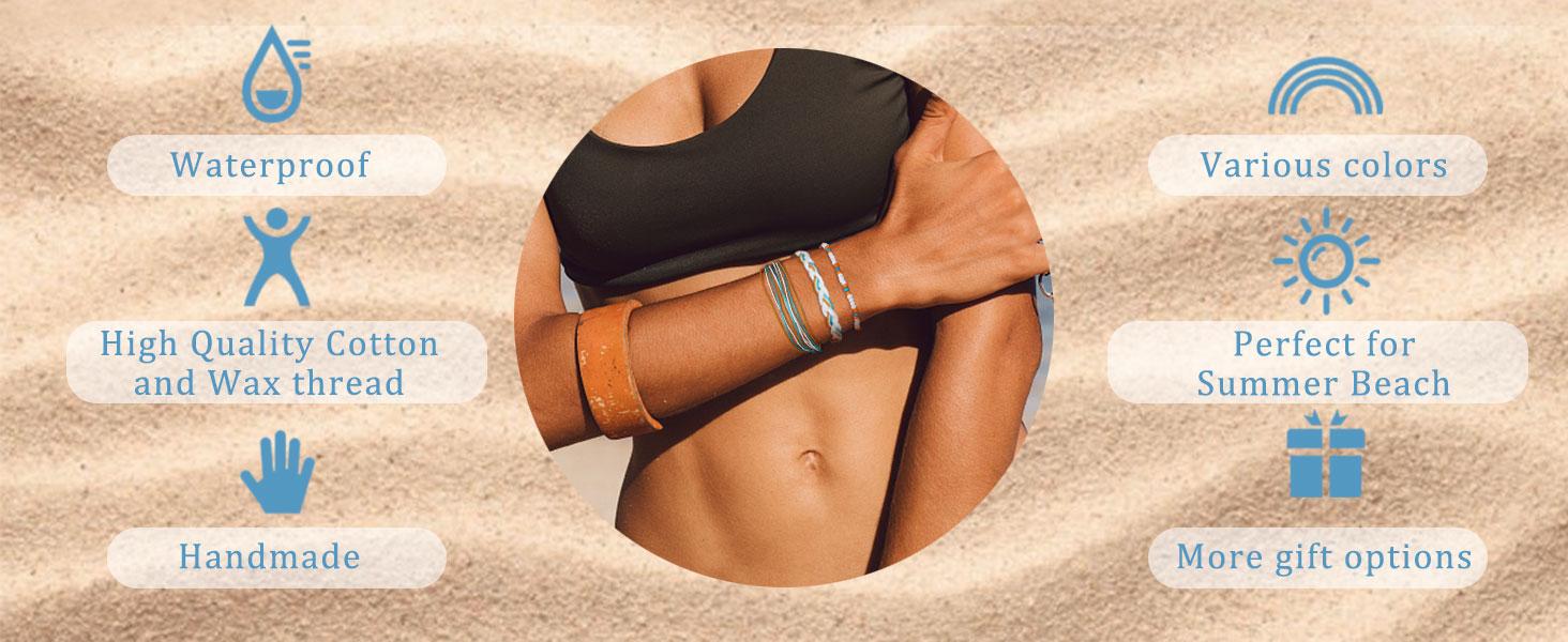 LOLIAS 24 Pieces Waterproof String Bracelets for Women Surfer Wave Boho Bracelet Adjustable Handmade Friendship Bracelet String Ocean Beach Boho Bracelets Anklets for Women