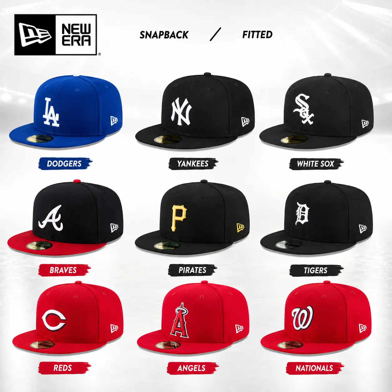 New Era Snapback & Fitted Baseball Caps - Dodgers, Yankees, White Sox, Braves, Pirates, Tigers, Reds, Angels, Nationals - Official MLB Team Hats