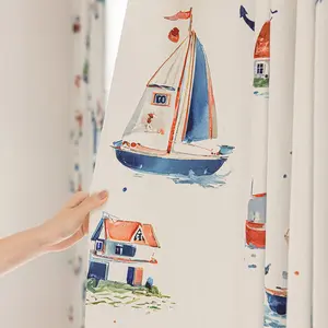 1pc【Watercolor Sailboat & Coastal Cottage】Chenille Heavy Texture Blackout Curtains Fresh Nautical Digital Print Grommet Top High-Drape Curtains Living Room Bedroom Healing Soft Decor Curtains + Matching sheer curtain