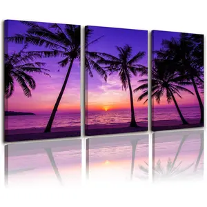 Ansouyi Set of 3 Canvas Wall Art, Purple Beach Palm Trees Sunset on Canvas Prints Artwork for Living Room Bedroom Bathroom Office Modern Home Decorations,