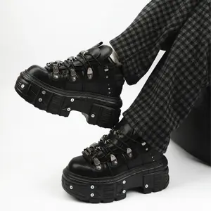 Metal Decoration Black Punk Shoes Combat Women Ankle Boots Flat Platform Gothic Sneakers Unisex Motocycle Flats Fashion Designer