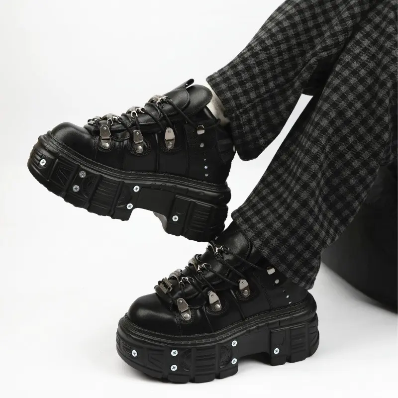 Gothic Spiked Platform Ankle Boots for Women, Punk Lace-up PU Leather Combat Shoes with Metal Decoration, Spiked Platform Casual Trainers, Footwear Boot, Walking Shoes