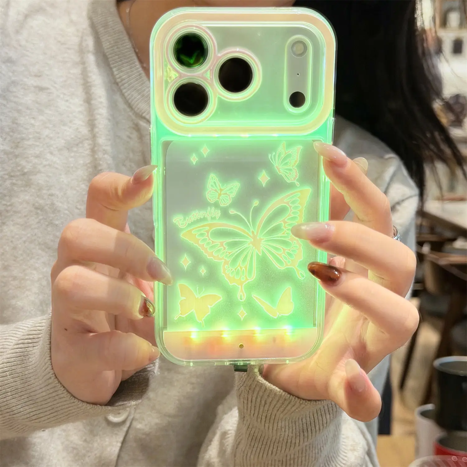 Oceantree Transparent Luminous Auto-Flash LED Cellphone Case - Shockproof TPU Butterfly Lights Cover, Easy Installation for iPhone 17,16,15, Call Flash Protective Accessory
