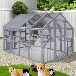 SAYGOGO Large Multi-Level Predator-Proof Outdoor Catio Enclosure, Water-Treated Wood Structure with Climbing Bridges, Walkways & UV-Waterproof Oxford Canopy, Weatherproof Feral Cat Run Shelter