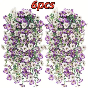 6 pieces of hanging realistic three-color viola flowers, UV-resistant artificial flowers, Realistic Faux Plant, suitable for outdoor gardens, porch and balcony decoration, indoor home decoration