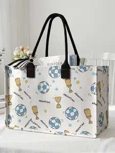 1 piece of 2D printed large capacity storage bag with soccer trophy pattern, extra large storage bag, sturdy handle, space-saving multi-purpose, suitable for use at school, on business trips, and shopping, Fashionable Shopping Bag