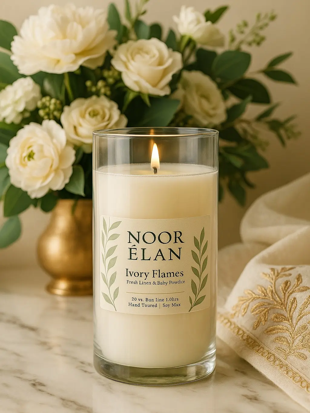 NOOR ÉLAN Ivory Flames Scented Candle - Baby Powder Aroma 15 oz with 95hr Burn Time - Hand Tossed Soy Wax - Fresh Linen & Baby Powder