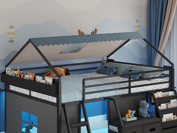 ADORNEVE Low Loft Bed Full Size with Bookshelf and Reading Nook LED Loft Bed with 3 Drawers and Under-Bed Play Space Loft Bed with Safety Guardrail and Inclined Ladde Play Curtain ADORNEVE Low Loft Bed Full Size with Bookshelf and Reading Nook LED Loft Bed with 3 Drawers and Under-Bed Play Space Loft Bed with Safety Guardrail and Inclined Ladde Play Curtain