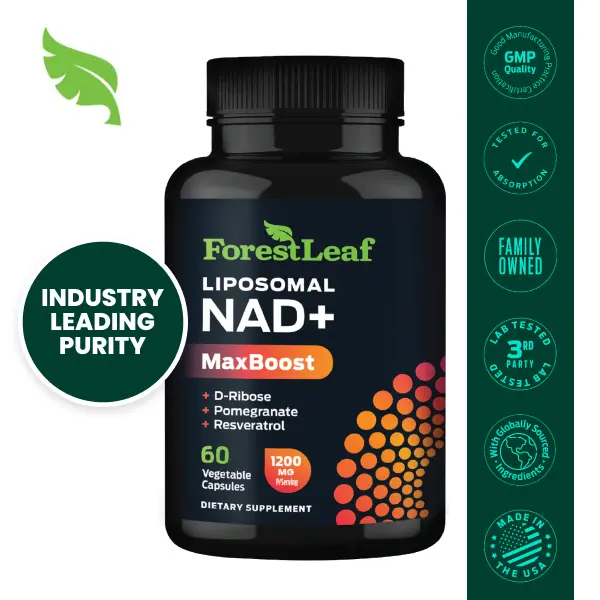 ForestLeaf MaxBoost Liposomal NAD+ Supplement Booster 1200 mg with Resveratrol, D-Ribose and Pomegranate - For Women and Men, NMN Alternative -60 Caps