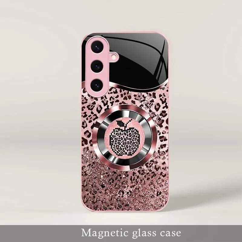 Trending “Affordable Luxury” pink glitter MagSafe glass case featuring mermaid scales and leopard print for Galaxy S25+ — 9435