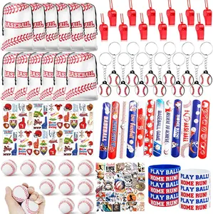 134 PCS Baseball Party Favors Set, 12 Pack Baseball Goodie Bags with Stress Balls, Stickers, Rubber Bracelets, Keychains, Tattoo Stickers, Slap Bracelets and Whistles for Kids Baseball Theme Birthday Party Supplies
