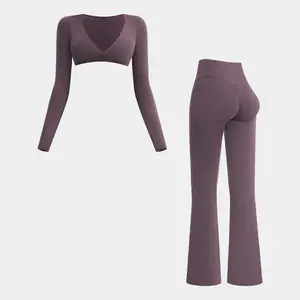 MFVIM women’s long-sleeve solid-color yoga set featuring a deep V-neck top and high-waisted leggings; suitable for outdoor running and fitness.