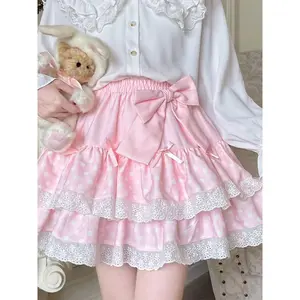 Zoki Kawaii Bow Cake Skirt Women High Waist Cute Dot Sweet Mini Skirts Fashion Casual Japan Female Solid Summer A Line Skirt New