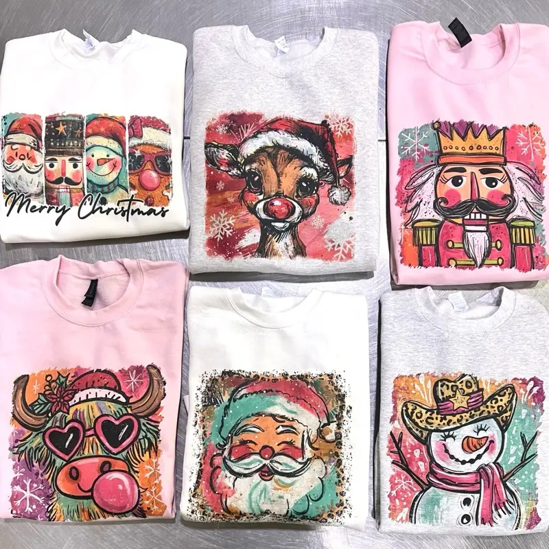 Preppy Christmas Reindeer Sweatshirt Bright Holiday Santa Nutcracker Pullover Christmas pink bright girly tree snowman leopard print Tree Rudolph Sweater Casual Unisex Crewneck Sweatshirt