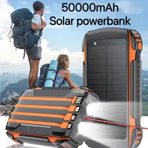 50000mAh Solar Power Bank with 4 Built-In Charging Cables, 2 Extra Output & Input Ports, LED Flashlight, and Laser Pointer – Portable Solar Charger for Camping, Hiking, Emergency Power Supply
