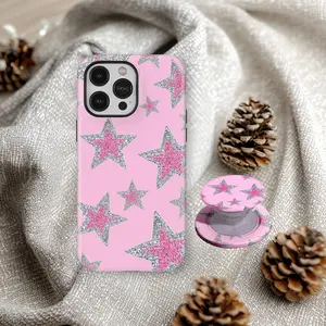 Pink Glitter Star Phone Case, Cute Girly Y2K Aesthetic, Sparkly Star Design, Soft Girl Trendy Style, Phone Grip, Popsocket, Gift, For Iphone 17 16 15 14 13 12 11