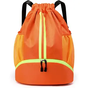 Drawstring Backpack Gym Bag with Shoes Compartment for Soccer, Basketball, Swim, Water-Resistant String Backpack Beach Cinch for Women Men, Orange