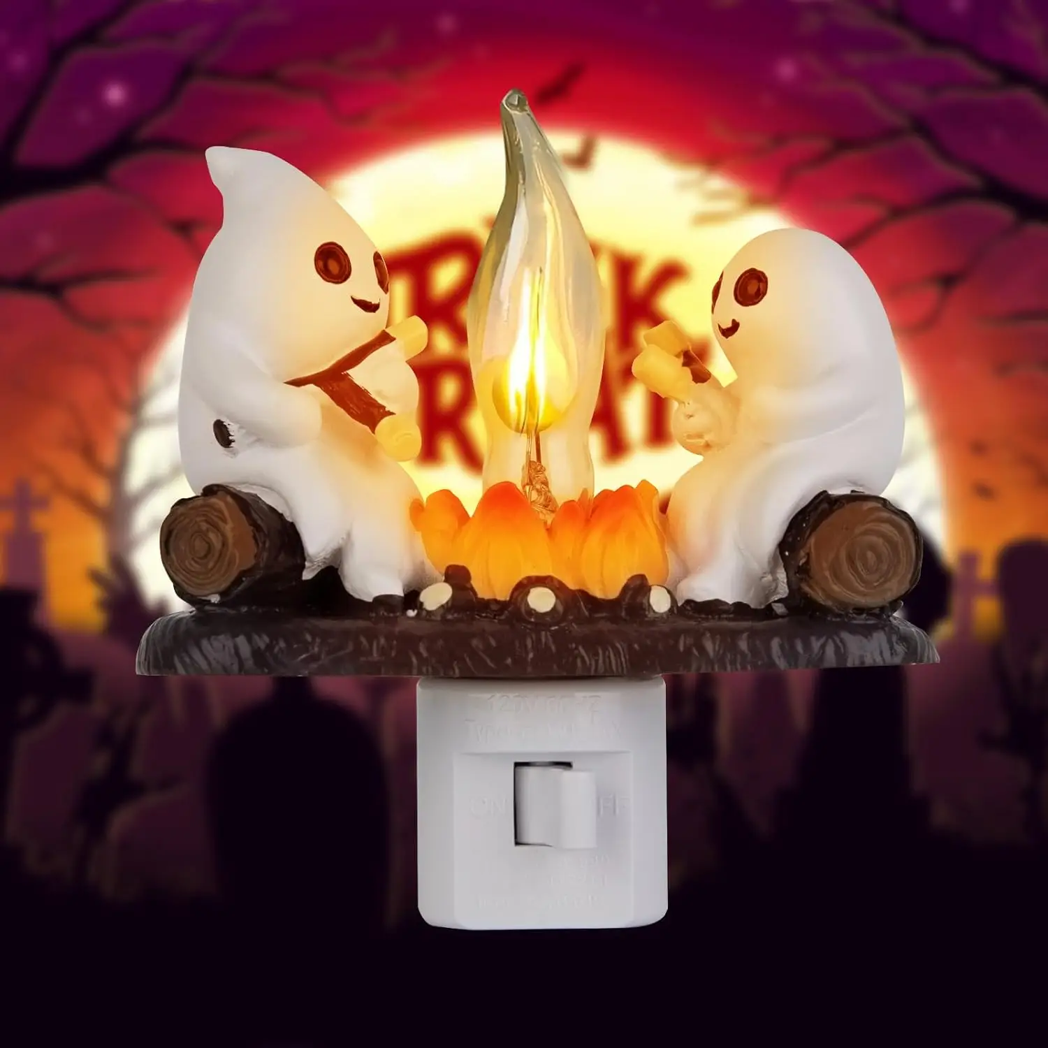 HALLOWEEN GIFT Ghost Campfire Flickering Night Light, 3D Small Electric Faux Campfire Night Light,Ghosts Campfire Flicker Flame Nightlight, 5in LED Ca