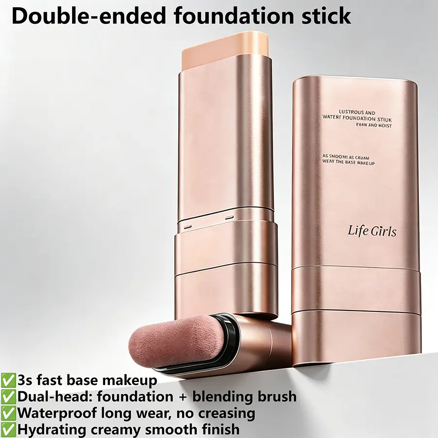 Life Girls Dual-End Hydrating Foundation Stick | 3 Second Quick Base Makeup, Built-in Blending Brush, Waterproof Long Lasting Non-Creasing Smoothing Coverage for Daily & Commute Makeup, Brightening, Water Proof, Even Skin Tone, Cosmetic