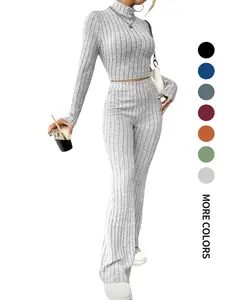 【Vday High Neck Set】Women's Casual Slim Fit Knitted Set, Long Sleeve High Neck Pullover & Elastic Waist Pants, All Season Comfortable, Everyday Valentine's day loungewear set, Womenswear Clothes