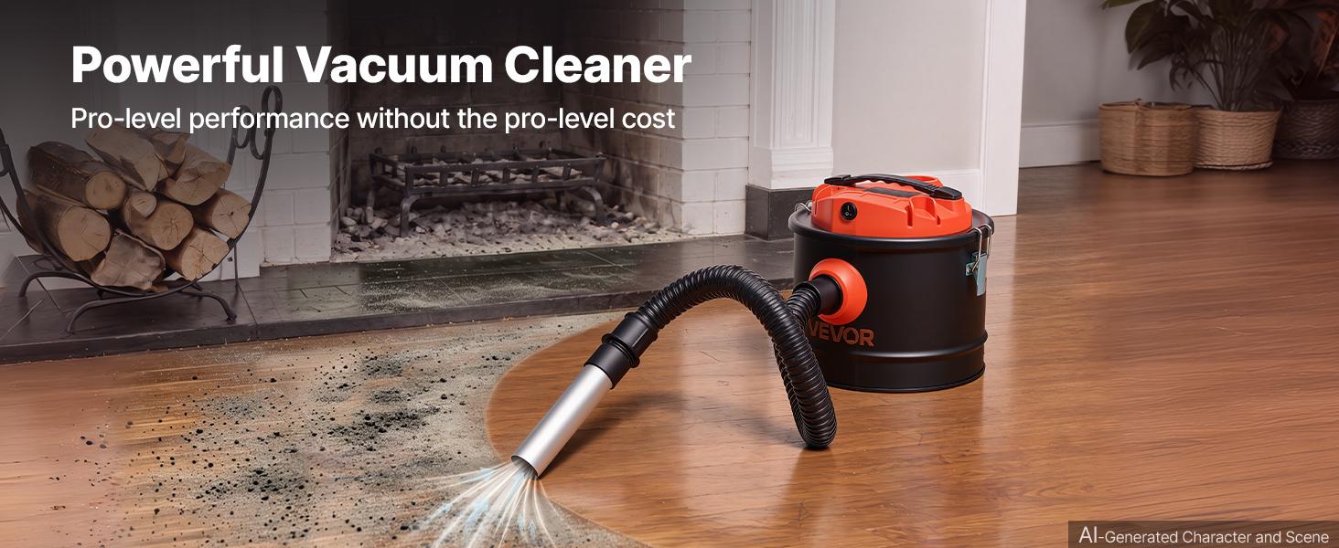 VEVOR Ash Vacuum 2.6 Gallon, 1200W Powerful Fireplace Cleaner Steel Body, for Fireplace, Pellet Stoves, Wood Stoves, Fire Pit, Grills, Double Stage Filtration System, 2.7 FT Hose, Black & Orange