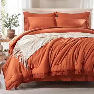 Comforter Set 7 count with Sheets, Burnt Orange Boho Bed in a Bag , Lightweight Terracotta Bedding Sets