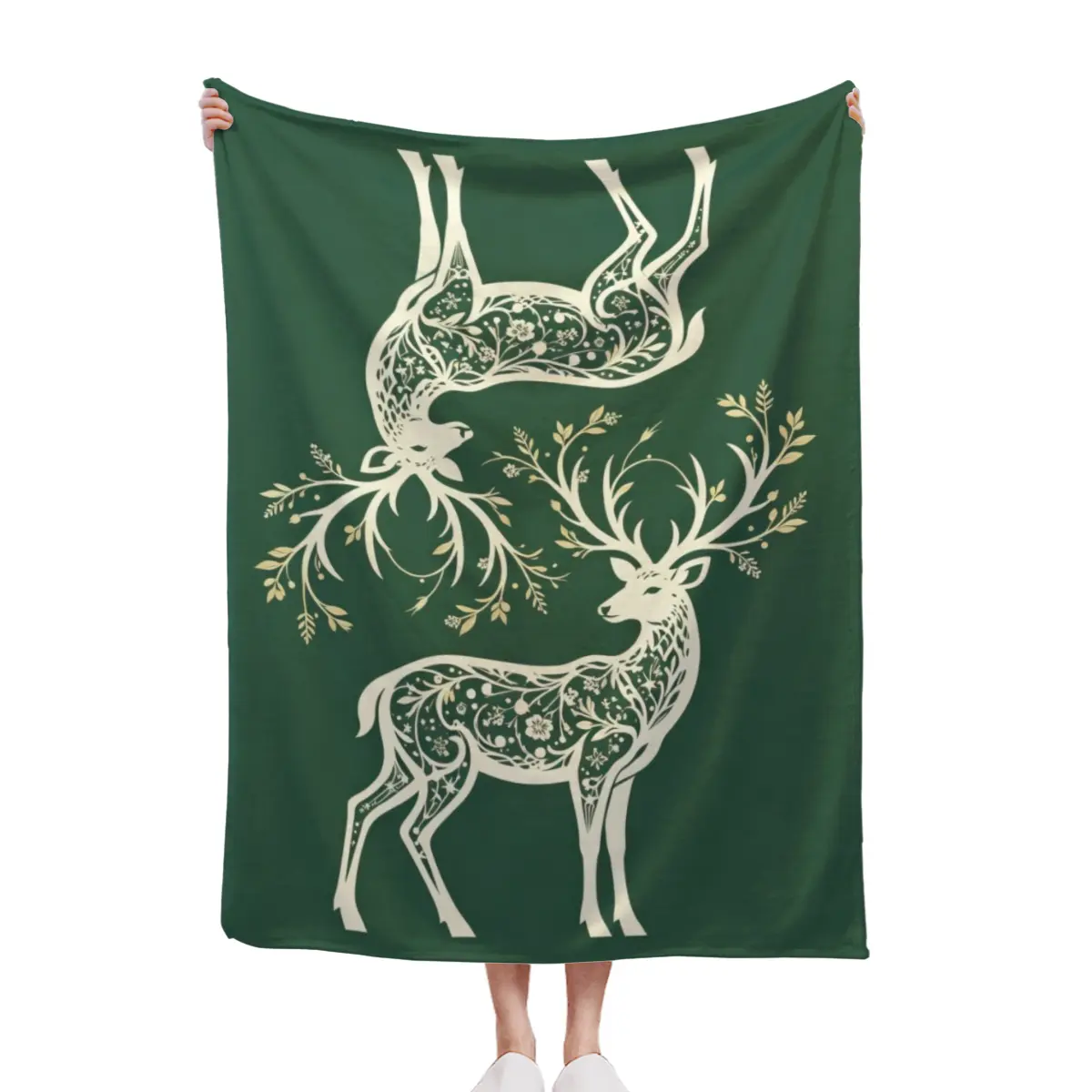 Vintage Stag Deer Antler Blanket Dark Green Wildlife Soft Fleece Throw Blanket Forest Rustic Home Decor