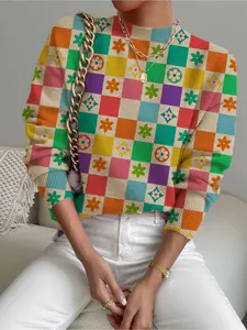 Women's Geometric Plaid Colorblock Floral Print Fitted Stand Collar Sweater Knitted Pullover, Fall Winter Casual Long Sleeve Knitwear, Comfortable Warm Daily Wear