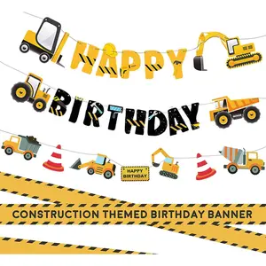XY-OMT05 3 Packs Construction Happy Birthday Banner and Vehicle Truck Garland, Construction Party Supplies Decoration Set for Birthday Party, Baby Show Hanging Matte