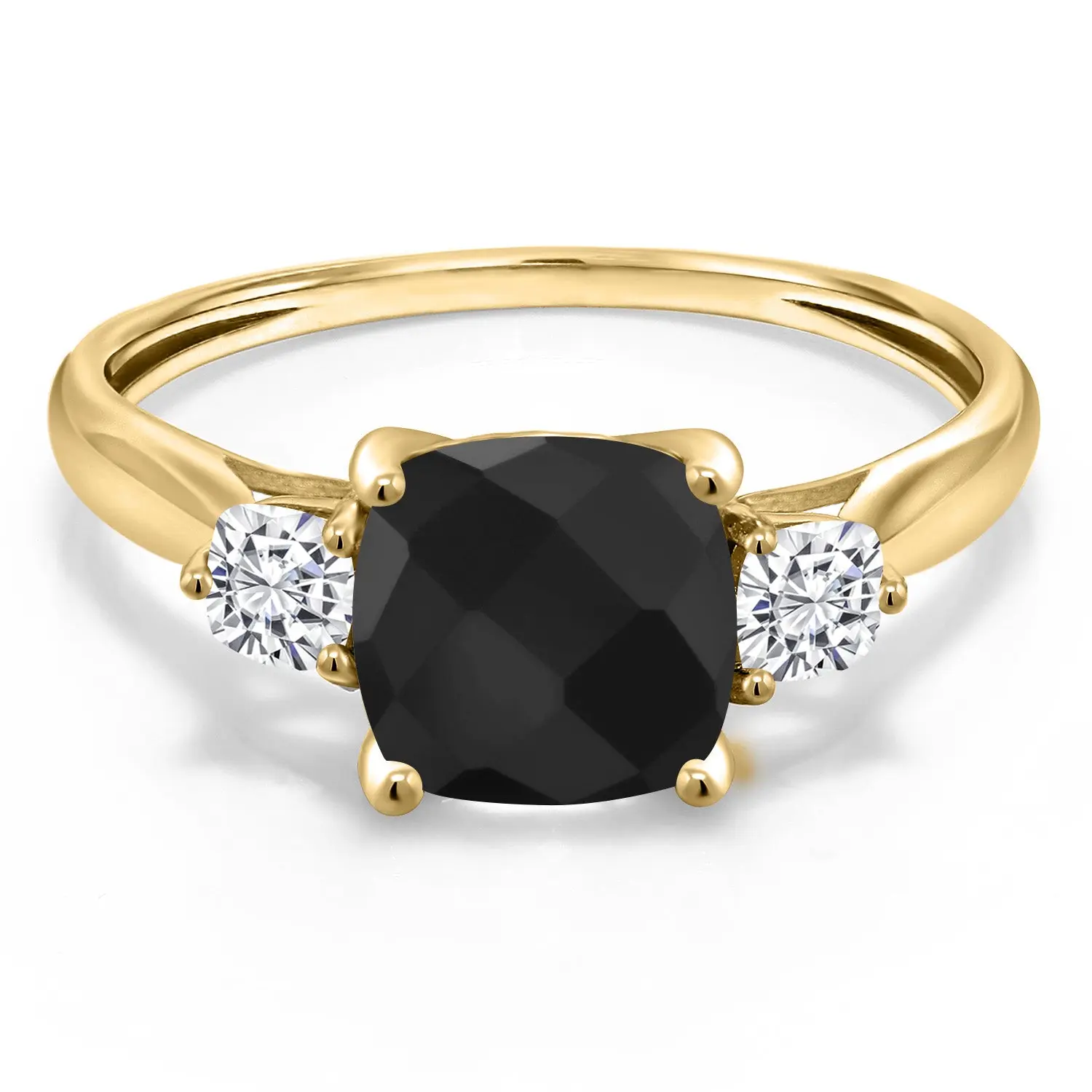 10K Yellow Gold Black Onyx and White Moissanite Engagement Ring For Women | 1.73 Cttw | Cushion Checkerboard 7MM | Gemstone December Birthstone
