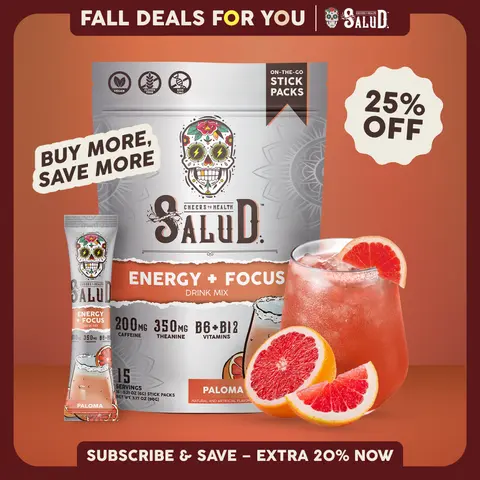 Salud 2-in-1 [Energy + Focus - Paloma] Clean Energy Drink Mix, Agua Fresca, Organic Caffeine, B6 & B12, L-Theanine, Drink Packets, Non-GMO, Gluten Free, Vegan, Low Calorie, 1g Sugar (15 Servings)