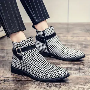 Brand Bdhjydb Men'S Houndstooth High-Top Ankle Boots with Buckle Strap - Black & White Check Pattern, Pointed Toe, Mid-Top Design, Lace-Up Closure, Faux Cover, Rubber Sole for All-Season Casual & Business Wear, Versatile Ankle Boots |   Stylish Buckle Str