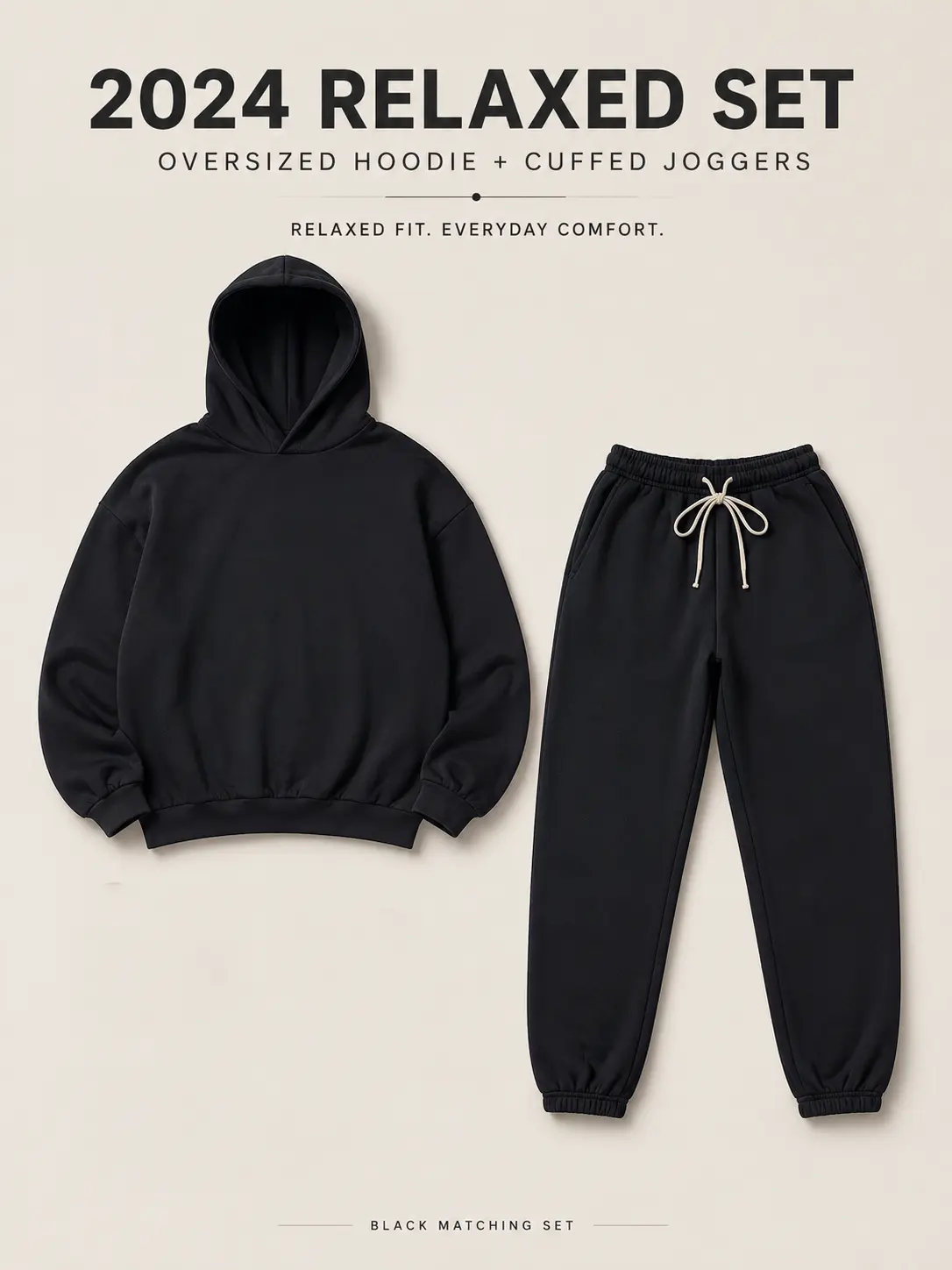 Male 24 Collection Black Oversized Hoodie & Loose Fit Sweatpants Tracksuit, Sporty Chic Elastic Drawstring Pants Outfit with Personalized Fit, All Seasons, Jogger, Xxl