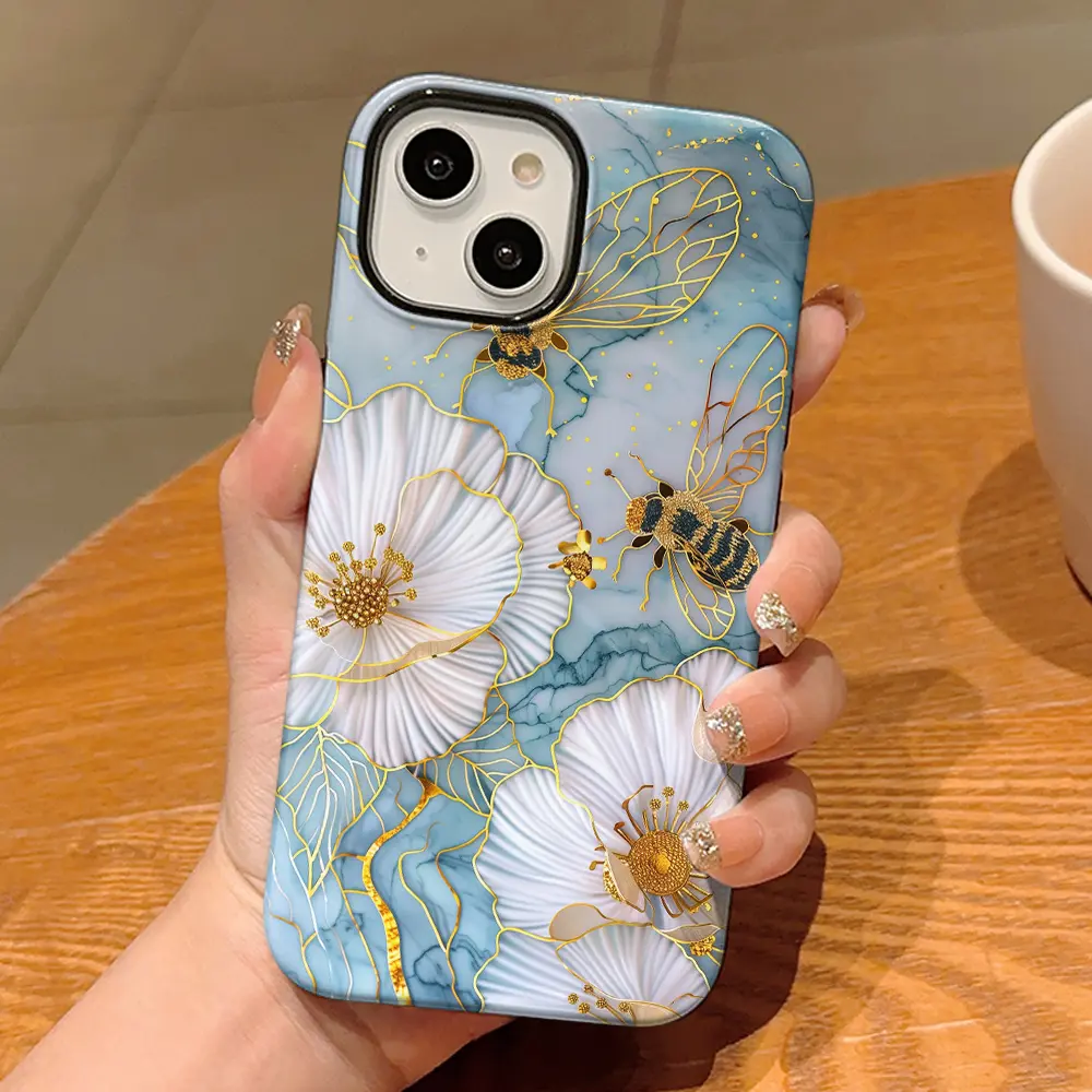 Aesthetic Floral Bee Pattern Phone Case , Shockproof Rugged Cover Dual Layer Soft TPU Hard Bumper Hard Shell for iPhone 11 12 13 14 15 16 Pro Max Plus