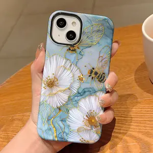 Aesthetic Floral Bee Pattern Phone Case , Shockproof Rugged Cover Dual Layer Soft TPU Hard Bumper Hard Shell for iPhone 11 12 13 14 15 16 Pro Max Plus