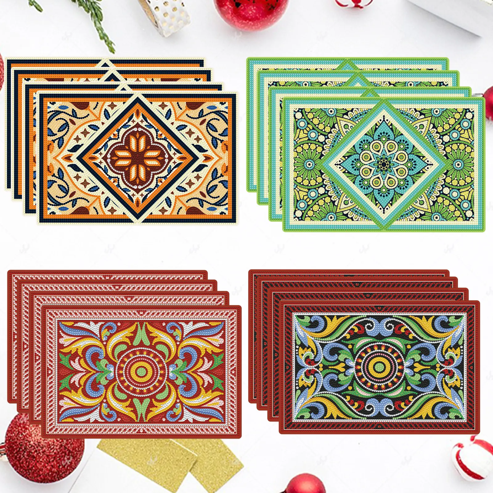 DIY Mandala Diamond Painting Table Mat-Coaster Set (4 Pieces), Heat Insulation Tableware Pads for Dining Table & Cold Drinks, Handmade DIY Needlework Decorative Gift
