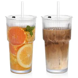 20OZ Glass Tumbler with Straw and Lid,Glass Cups with Lids and Straws,2PCS Ribbed Iced Coffee Cups Vintage Glassware for Juice Whiskey Cocktail Beer