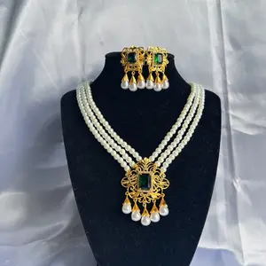 Three Layer Pearl Necklace with Gold Tone Pendant and Matching Earrings - Elegant Jewelry Set for Special Occasions