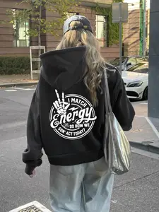 Women's Letter Print Drop Shoulder Thermal Lined Hoodie, Fashion Casual Drawstring Pocket Hooded Sweatshirt for Daily Holiday Outdoor Wear, Women Clothing for Fall & Winter