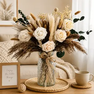100pcs Boho Dried Flower Bouquet - White & Champagne Roses, Fluffy Bunny Tail Grass, Feather Grass, Eucalyptus - Elegant Home Decor, Rustic Wedding Centerpieces, Neutral Bohemian DIY Floral Arrangement outdoorfun