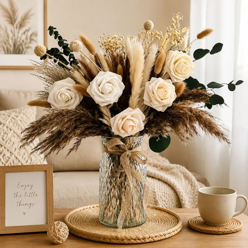 100pcs Boho Dried Flower Bouquet - White & Champagne Roses, Fluffy Bunny Tail Grass, Feather Grass, Eucalyptus - Elegant Home Decor, Rustic Wedding Centerpieces, Neutral Bohemian DIY Floral Arrangement